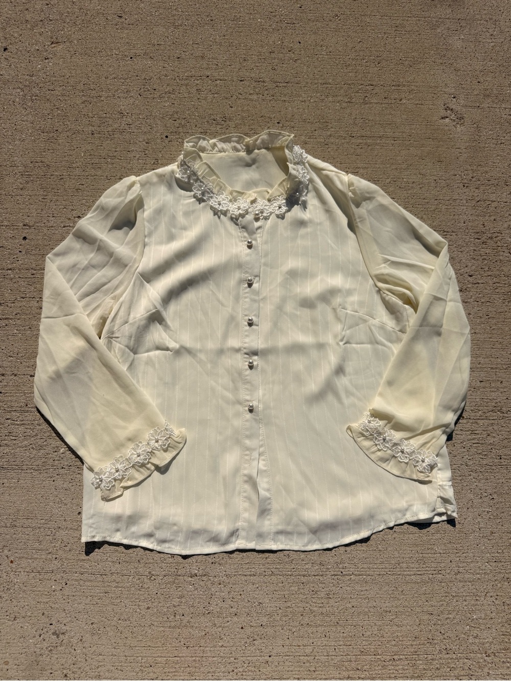 Vintage Sheer Floral Trim Button Up Blouse